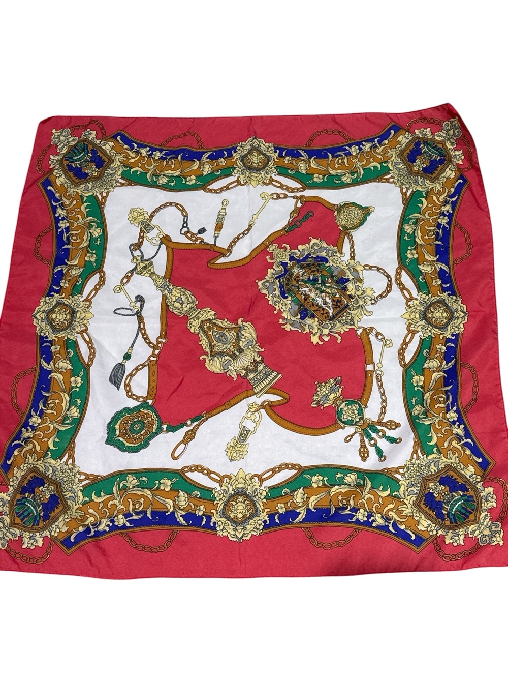 Printed Ornate Chain Square Scarf in Red, White & Green